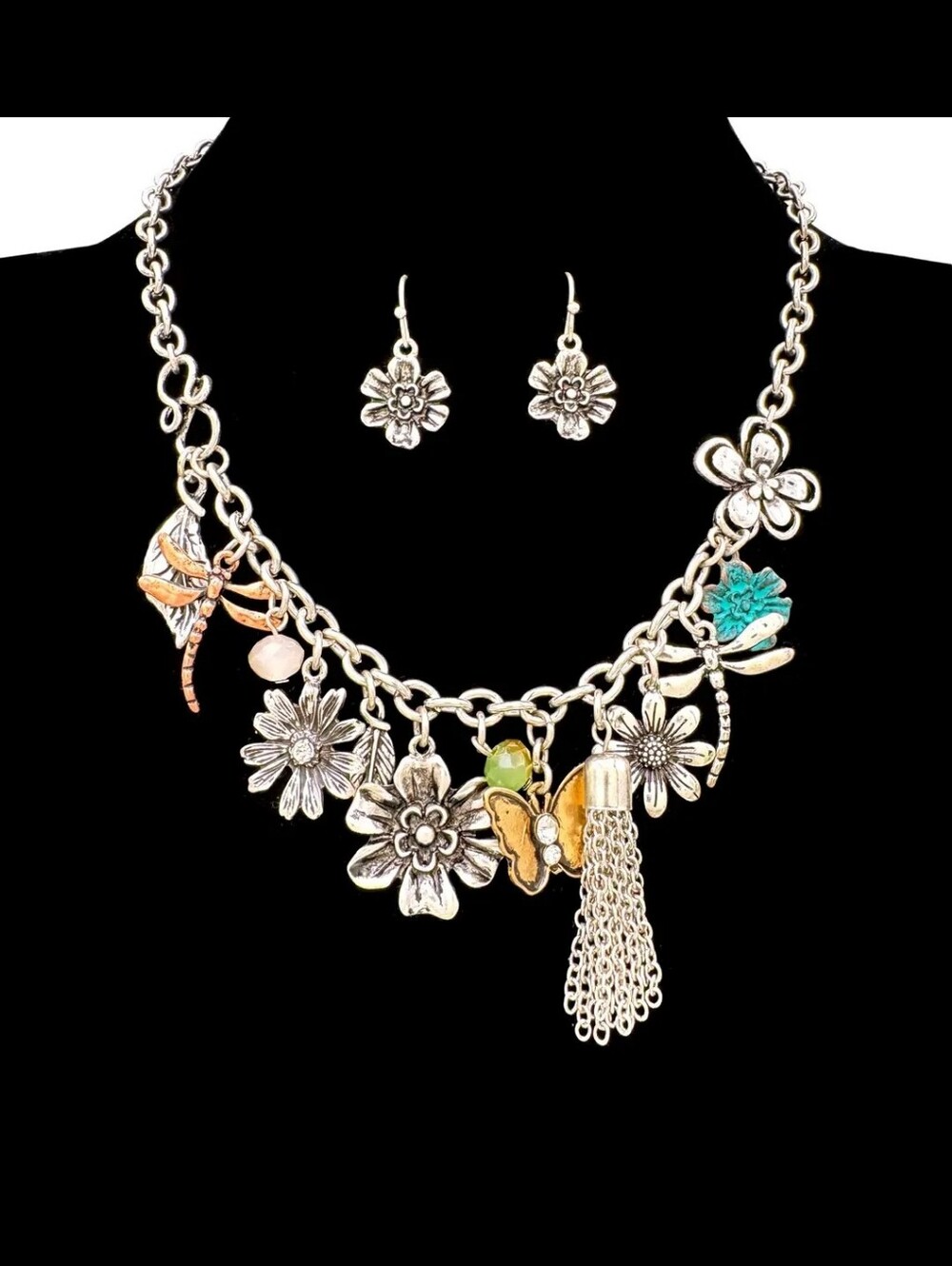 #1703 Lunar Deer Flower Vintage Charms Necklace & Earrings Set